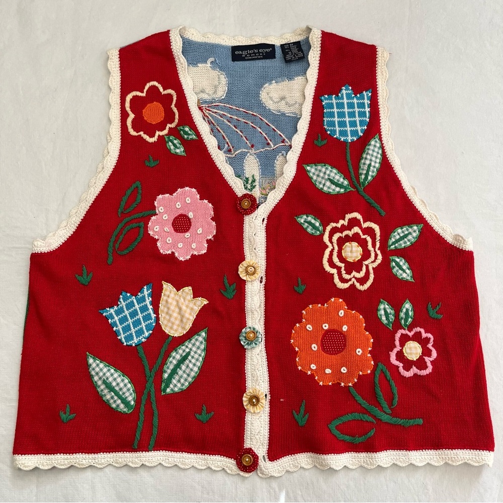 Vintage Eagle’s Eye Red Floral Spring Sweater Vest